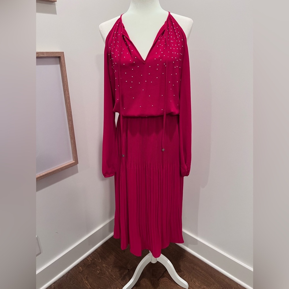 Michael Kors Elastic Waist Studded Long Sleeve Midi Dress